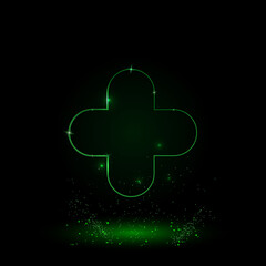 A large green outline quatrefoil symbol on the center. Green Neon style. Neon color with shiny stars. Vector illustration on black background