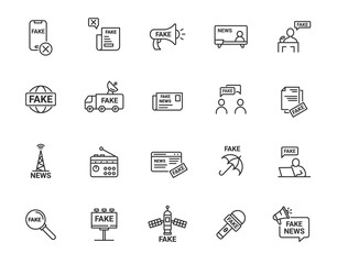 Fake new line icon set. Propaganda fake news bribery debate media vector symbol, disinformation announcement.