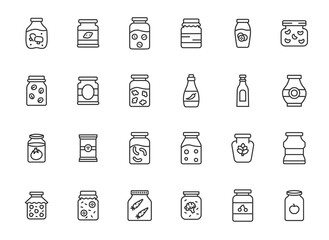 Canned preserved food line icon set. Jar natural tomato vegetables vector can marinade icon. - obrazy, fototapety, plakaty