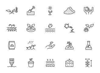 Plant growth soil line icon set. Flower leaf evironment vector outline tree seed icon.
