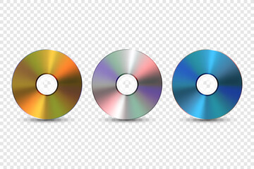 Vector 3d Realistic Multicolor, Golden, Silver, Blue CD, DVD Set Closeup Isolated. CD Design Template for Mockup, Copy Space. Compact Disk Icon, Front View