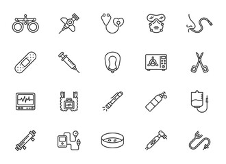 Medical health line icon set. Pharmacy hospital medical equipment treatment doctor surgey vector clinic icon.