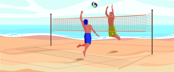 Cartoon sea landscape with characters on vacation. Players in swimsuits throwing ball through net. Flat vector illustration of beachvolley.