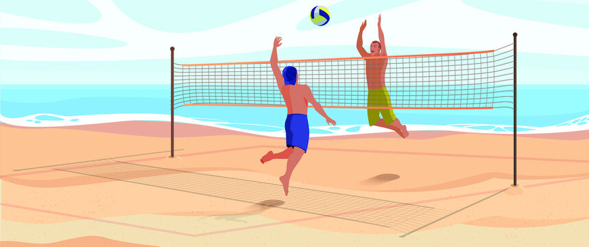 Cartoon sea landscape with characters on vacation. Players in swimsuits throwing ball through net. Flat vector illustration of beachvolley.