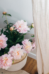 Beautiful peonies bouquet in basket in boho room. Modern bohemian decor, stylish comfy interior details. Gentle pink peony flowers on rustic background, moody image