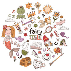 Collection color vector fairy tale elements. Hand-drawn, doodles. Illustrations for fairytales