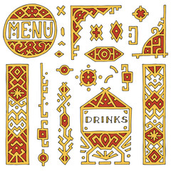 A set of ornamental design elements of menu pages. Hand-drawn collection of vector patterns