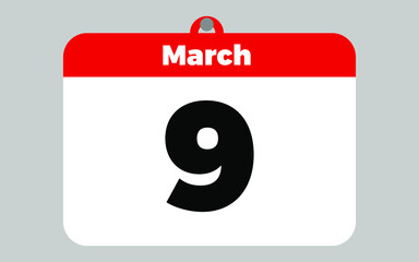 March, 9. White and red calendar.