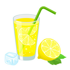 Lemonade in a glass with pieces of lemon and tube for drinking. Non-alcoholic cocktail. Vector illustration on white background. Summer chill drink.