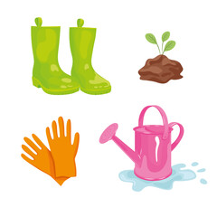 Vector set of indoor gardening icons: gardening tools, packages of soil, fertilizers, seeds, flowerpots, planting and growing process, care instruction symbols. Flat style. Vector illustration