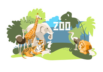 Zoo vector illustration. Wild animals on the background of wild nature.