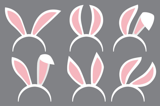 Bunny Ears stickers collection. Easter animal ears mask. Rabbit ear costume headband set isolated on transparent background. Vector illustration.