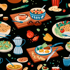 Colored seamless pattern of food and drink. Vector illustration for design of menu. Wallpaper, print, packaging, paper, textile design.