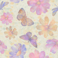 Abstract, watercolor, seamless background for design, from delicate flowers and butterflies.