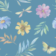 Seamless background of flowers, butterflies, leaves, painted in watercolor, processed in a digital program.