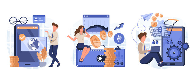 Financial illustration set. Characters paying online and receiving bonus money or reward back on credit card. Cashback, financial savings and money refund concept. Vector illustration.