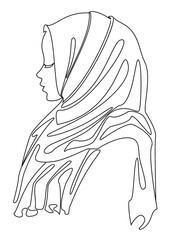Girl head silhouettes. Lady in hijab, scarf, arabic muslim headdress, headscarf. Female face in modern one line style. Solid line, sticker outline, logo. vector illustration.