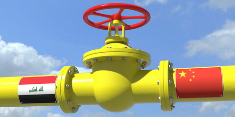 IRAQ CHINA gas or oil transit concept. Pipe with valve, 3D rendering