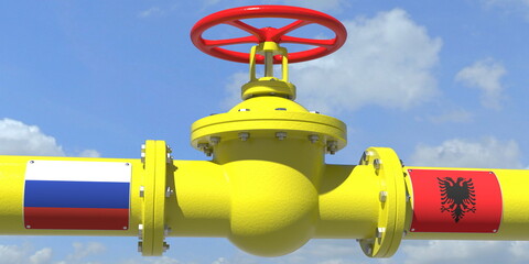 RUSSIA ALBANIA oil or gas transportation concept, pipe with valve. 3D rendering
