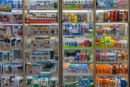 Pharmacy shelves closeup in Mariupol, Ukraine.