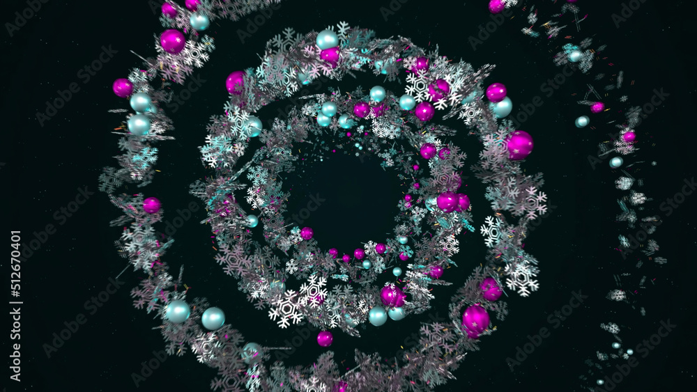 Poster amazing abstraction of the beautiful snowflakes decorated by multicolored shiny balls and rotating o