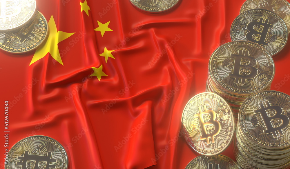 Aufkleber bitcoin tokens and flag of china. cryptocurrency related 3d rendering