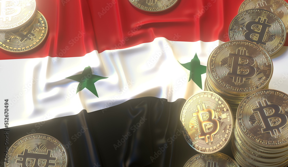 Poster flag of syria and bitcoin coins or tokens, cryptocurrency related 3d rendering