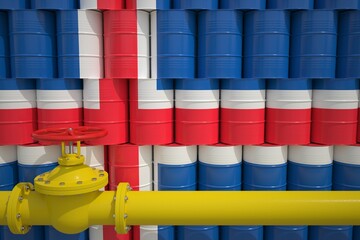 Barrels with flag of Iceland and gas transportation pipe. 3d rendering