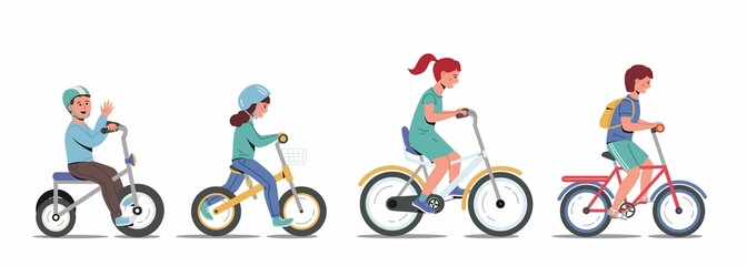 Kids riding bikes. Illustration of a group of kids biking on bicycles. Vector boys and girls isolated on white background. Children's activity.