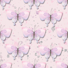 Fototapeta na wymiar Delicate, airy butterflies, pink, purple. Watercolor illustration with splashes of paint. Seamless pattern. Children's, women's, for fabric, textiles, clothing, bedroom, bed linen, cpaper, packaging
