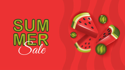 Summer sale poster with 3d slices of watermelon on red background. Summer watermelon background.