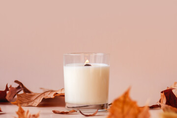 Burning vanilla candle on beige background. Warm aesthetic autumn composition with and dry leaves and flowers. Home comfort, spa, relax and wellness concept. Interior decoration