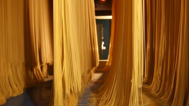 Production of pasta on a modern production line. Macaroni factory and pasta production. Raw spaghetti hung in a pasta factory, swinging, to dry. Food background for restaurants or cafes. Close up.