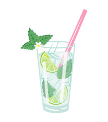 Collage of cute elements for a mojito cocktail of lime, mint, ice in a transparent glass. Cute design of lime, lemon, mint, ice and flowers for menu, paper, cover, fabric, interior decor and other use