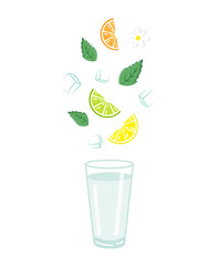 Collage of cute elements for a cocktail of lime, lemon, orange, mint, ice and flowers pouring into an empty transparent glass. Cute design of strawberry, lime, mint, ice and flowers for menu, paper