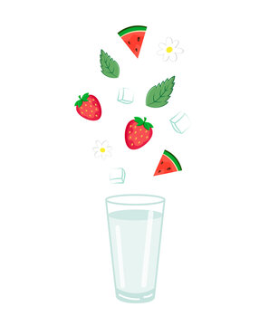 Collage of cute elements for a cocktail of strawberry, watermelon, mint and ice pouring into an empty transparent glass. Cute design of strawberry, lime, mint, ice and flowers for menu, paper, cover