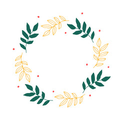 Fototapeta na wymiar Minimalistic festive vector illustration. Cute wreath of elegant abstract green leaves and golden leaf outlines on a white background. Universal festive Christmas print or illustration