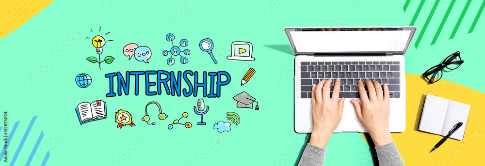 Poster internship with person using a laptop computer