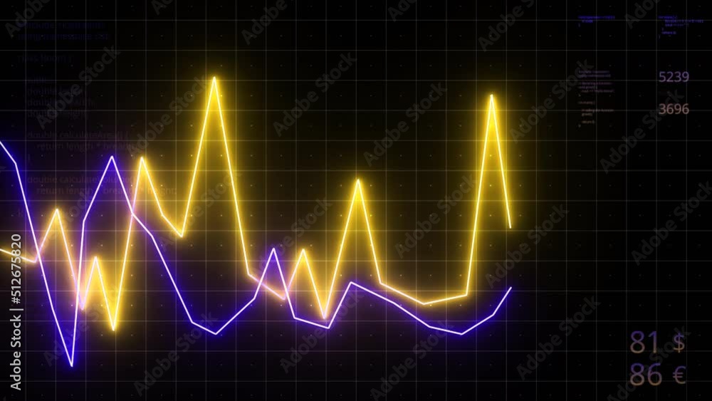 Poster bright multi - colored lines of the graph . motion . animation showing the falling and rising dollar