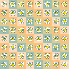 Daisy flowers seamless pattern with cartoon smiling faces. Cute floral characters print with happy emotions. Kids vector illustration for decor and design.