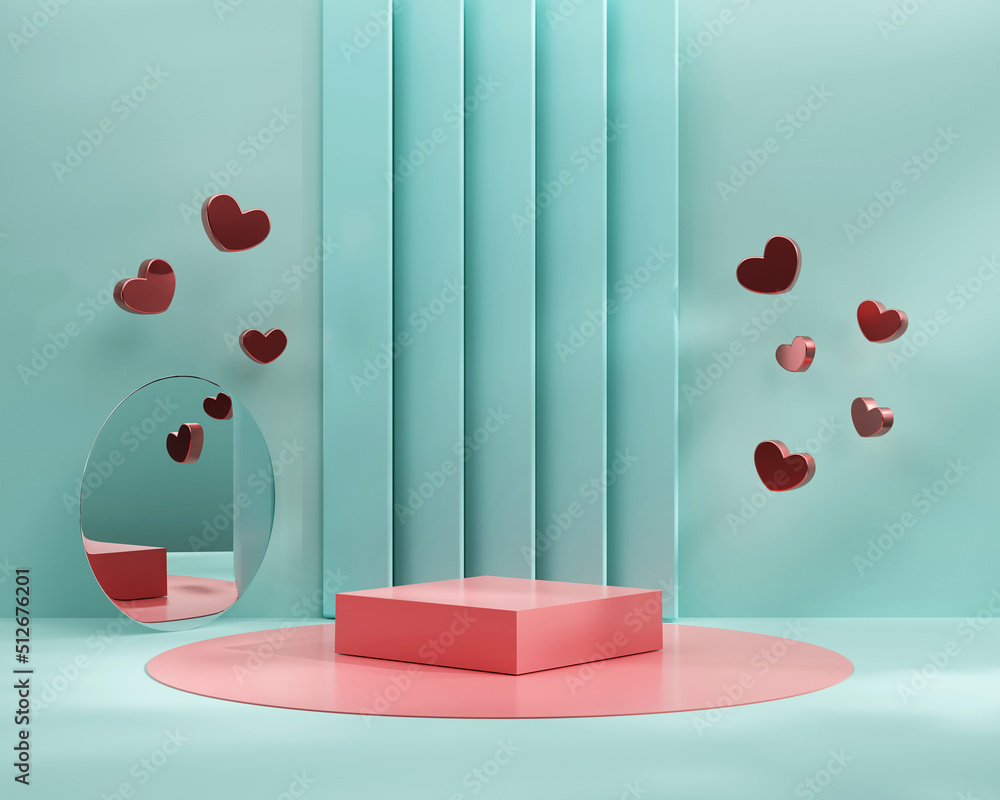 Poster valentine's day stage podium mock up with heart product display showcase 3d render