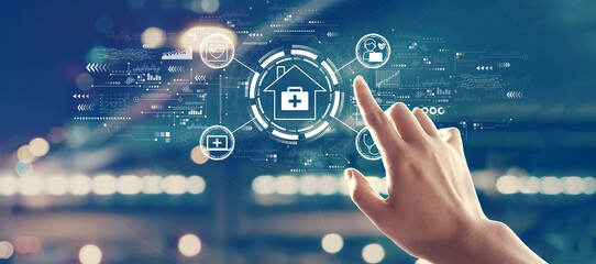 Telehealth theme with hand pressing a button on a technology screen