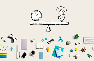 Time and money on the scale with collection of electronic gadgets and office supplies