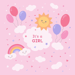 It's a girl. A postcard for a baby shower with a cute sun, balloons, a cute rainbow and clouds. Vector blue background with rainbow and clouds.