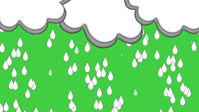 Animated drops of rain from cloud on green background.