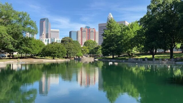 Charlotte, NC skyline cityscape on a clear summer day from Marshall Park