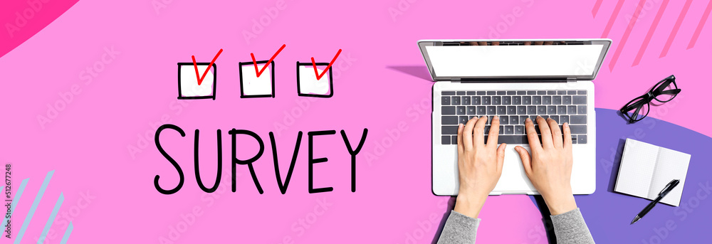 Poster survey with person using a laptop computer