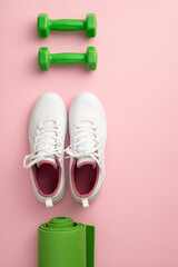 Fitness accessories concept. Top view vertical photo of white sports shoes exercise mat and dumbbells on isolated pastel pink background