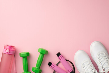 Sports accessories concept. Top view photo of white shoes pink bottle of water green dumbbells and...