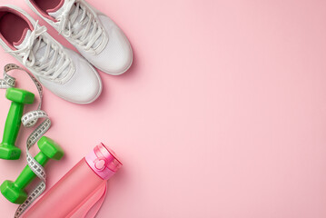 Sports concept. Top view photo of white sneakers pink bottle tape measure and green dumbbells on isolated pastel pink background with copyspace